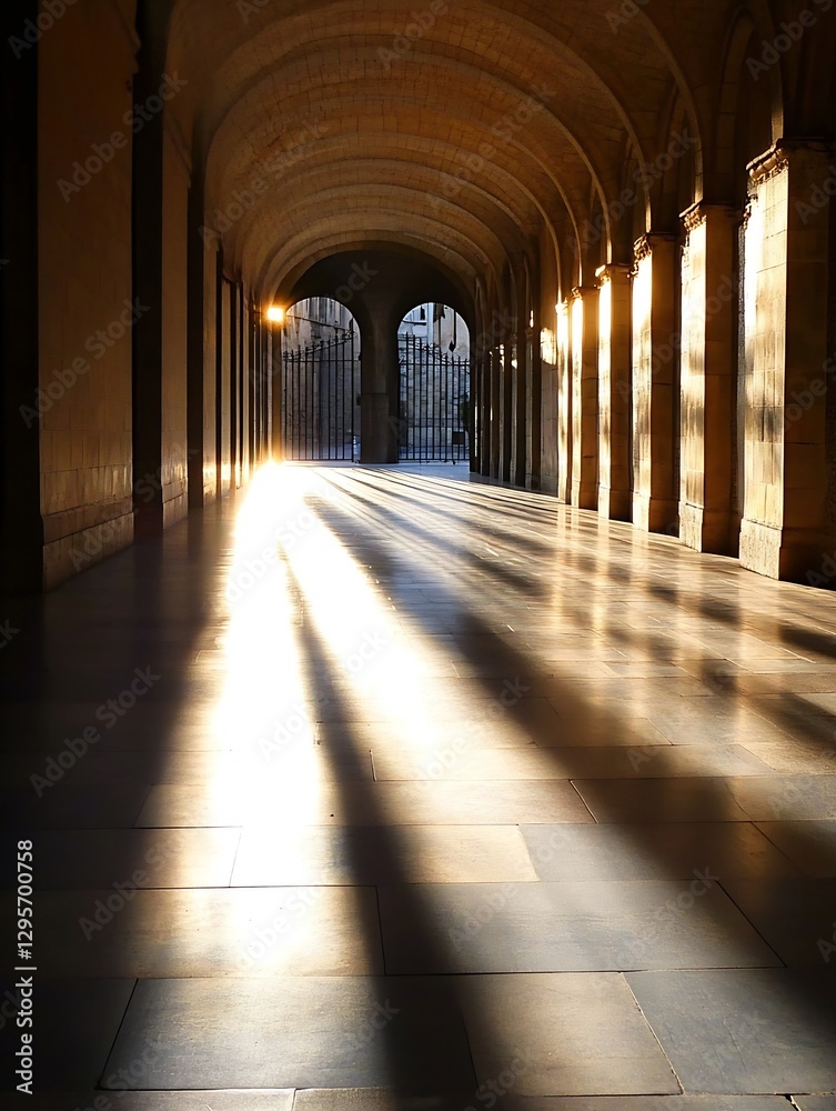 Poster enchanting light and shadows play in a grand arched hallway with elegant architectural features : ge