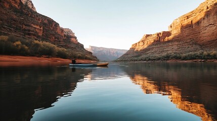 Man kayaking in a calm river surrounded by majestic canyon walls during sunset : Generative AI