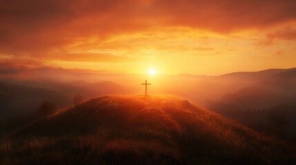 Shining cross on Calvary hill, sunrise, sunset sky background. Copy space. Ascension day concept. Christian Easter. Faith in Jesus Christ. Christianity. Church worship, salvation concept.