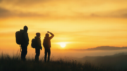 Fototapeta premium Three people are standing on a hillside, looking at the sun as it sets