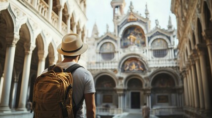 Adventurer Exploring Majestic Historical Architecture in European City with Backpack and Hat