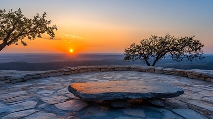 Breathtaking sunset over a scenic landscape with tranquil trees and an inviting rocky overlook : Generative AI