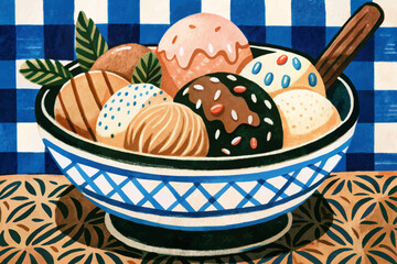 ice cream on bowl with funny background cartoon illustration