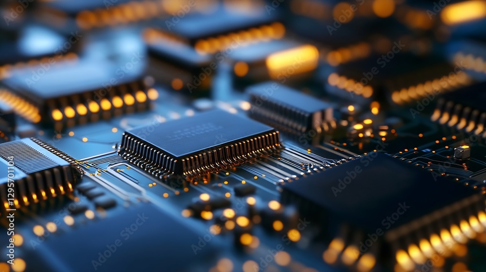 Poster Close Up of Electronic Circuit Board with Microchips and Blinking Lights : Generative AI