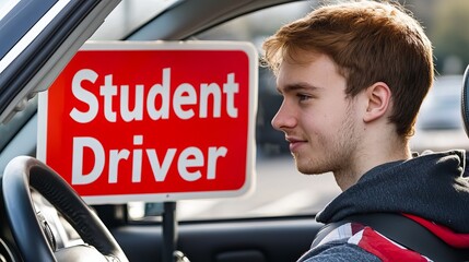 Young Male Student Driver Practicing Behind Wheel with Student Driver Sign in Car During Driving Lesson