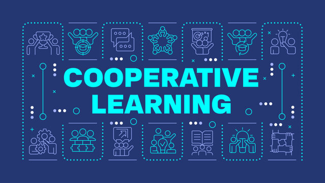Cooperative learning blue word concept. Strategy, planning. Teamwork, collaboration. Horizontal vector image. Headline text surrounded by editable outline icons. Hubot Sans font used