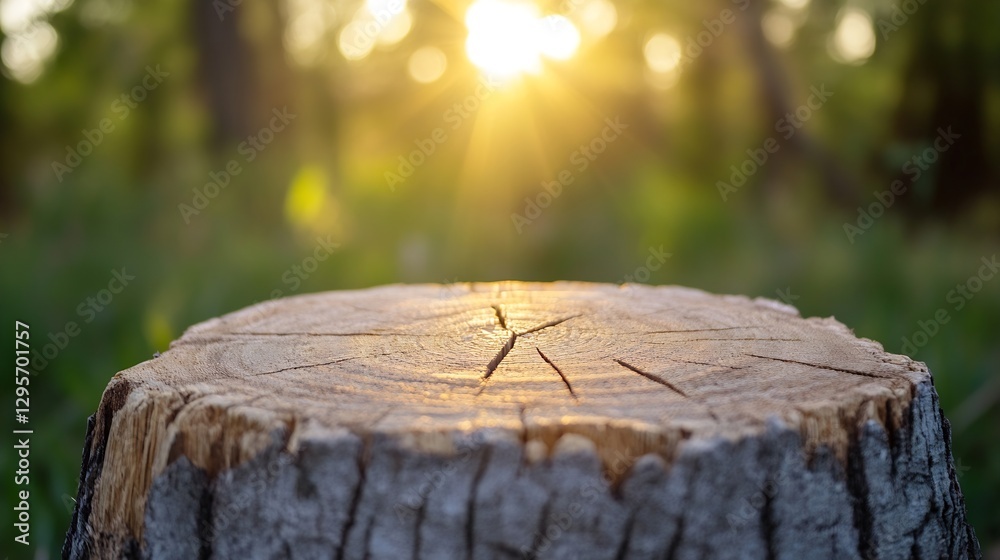 Aufkleber Serene Close Up of a Tree Stump with Sunlight Glowing in the Background : Generative AI