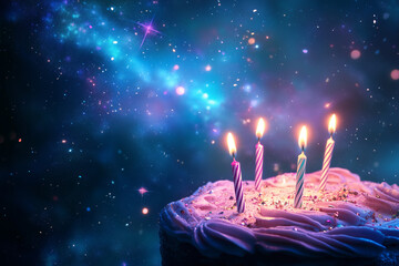 Dreamlike cosmic birthday scene with glowing elements
