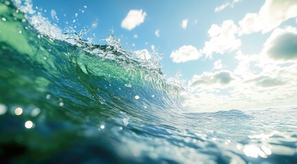 Ocean wave crashing, turquoise water, bright sky, clouds