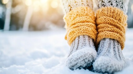 Warm Cozy Knitted Socks on Snowy Ground with Sunlight Glowing in the Background : Generative AI