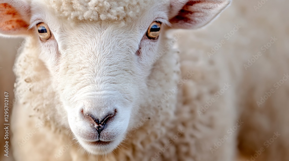 Poster Close Up Portrait of a Charming Sheep with Soft Wool and Expressive Eyes : Generative AI