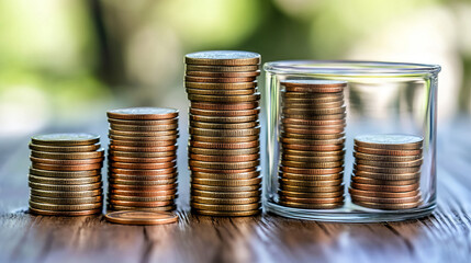 Stacks of Coins of Different Heights Arranged Neatly on a Wooden Surface with a Glass Jar of Coins