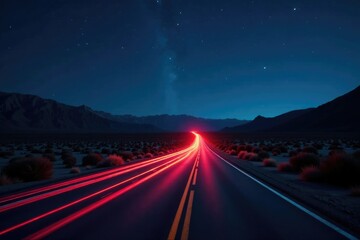Desert highway under starry sky with glowing light trails, nighttime, lights