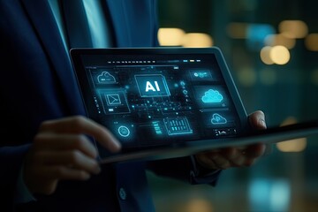 Businessman using tablet with AI interface in a modern office