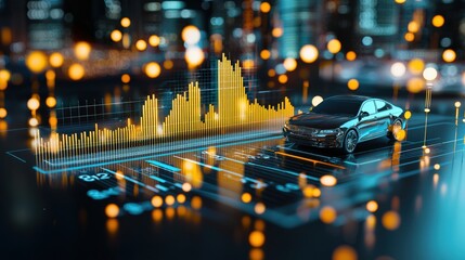 A modern car displayed with dynamic data visualization, symbolizing the intersection of technology and automotive industry growth. A bright urban backdrop enhances the futuristic theme.