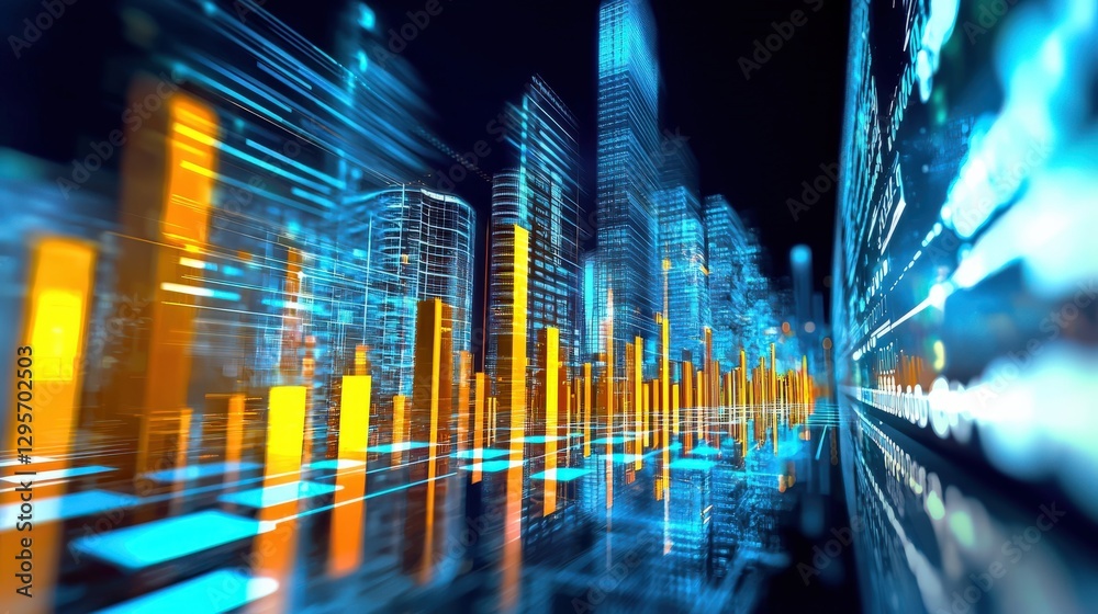 Poster a dynamic and vibrant cityscape featuring illuminated data visualization elements. the image capture