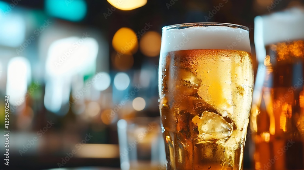 Poster Refreshing beer glass filled with golden lager on a bar counter with soft focused background : Generative AI