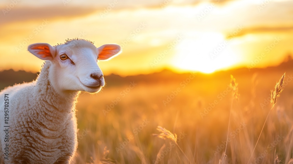 Poster charming sheep grazing under a beautiful sunset in a golden field : generative ai