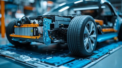 Components of an electric vehicle's autonomous driving system are undergoing testing in a modern facility, showcasing advanced technology and engineering precision