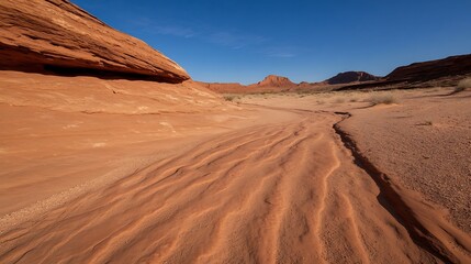 Fototapeta premium Vast Desert Landscape Featuring Unique Rock Formations and Soft Sand Texture Under Clear Blue Sky : Generative AI