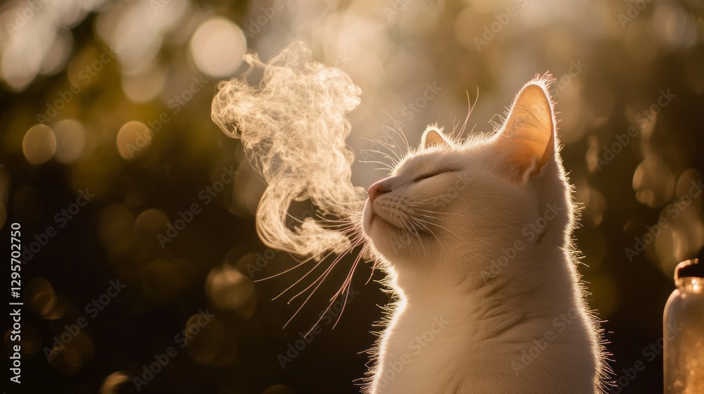 Poster a serene white cat sits calmly in warm evening light, exhaling a soft mist that twirls gracefully in