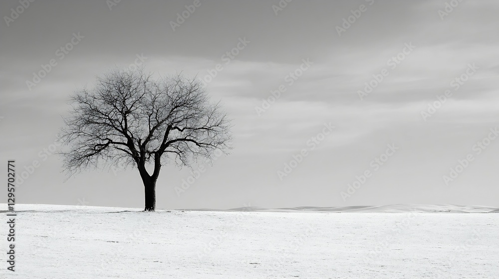Poster lonely tree standing in a snowy landscape under a calm blue sky with soft clouds : generative ai
