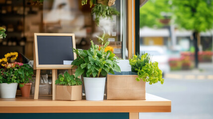 A table with potted plants and a blackboard with a sign on it