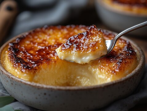 Nahaufnahme: L&ouml;ffel bricht in eine Cr&egrave;me Br&ucirc;l&eacute;e ein
