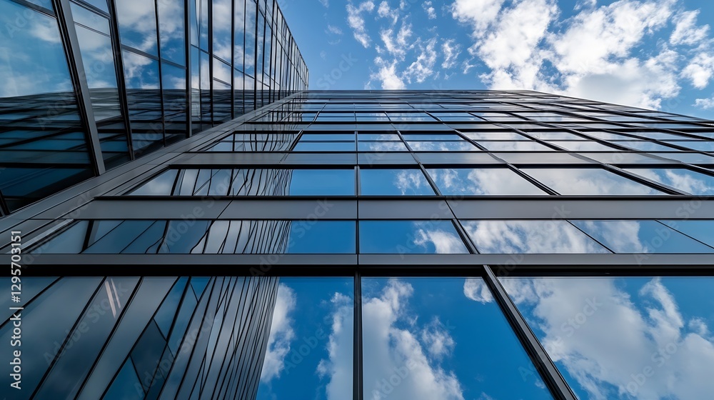 Aufkleber Striking angle of modern skyscraper reflecting clouds and sky in mirrored glass facade : Generative AI