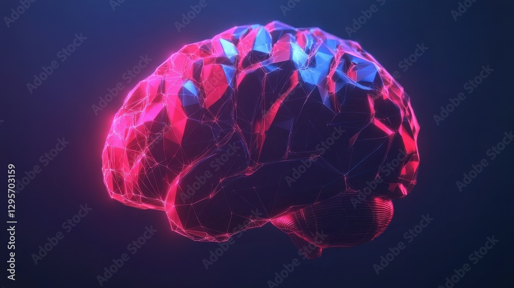 Poster minimalist low poly geometric brain model rendered in 3d with neon accents floating against a dark m