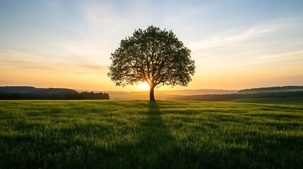 Obraz premium Majestic solitary tree standing tall in a golden field during sunset creating a stunning silhouette : Generative AI