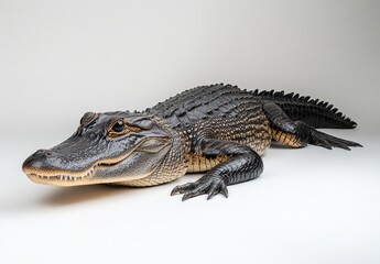 Obraz premium Realistic and Detailed Close-Up Image of a Crocodilian Lying on a Plain Background Ideal for Wildlife and Nature Illustrations