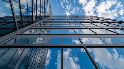 Obraz premium Striking angle of modern skyscraper reflecting clouds and sky in mirrored glass facade : Generative AI