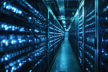 Obraz premium A long hallway with many blue wires and cables