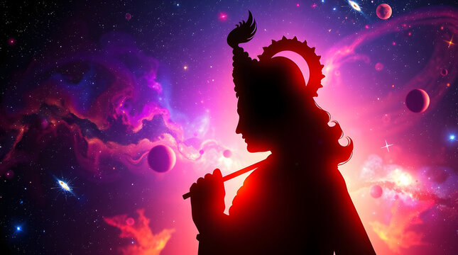 Lord Krishna, sharp focus, playing his flute , surrounded by planets and stars. His cosmic energy aura contrasts with the soft background of swirling nebulae and divine light.