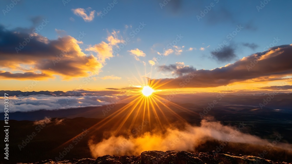 Poster stunning mountain sunset casting rays of light and clouds creating a breathtaking scene : generative