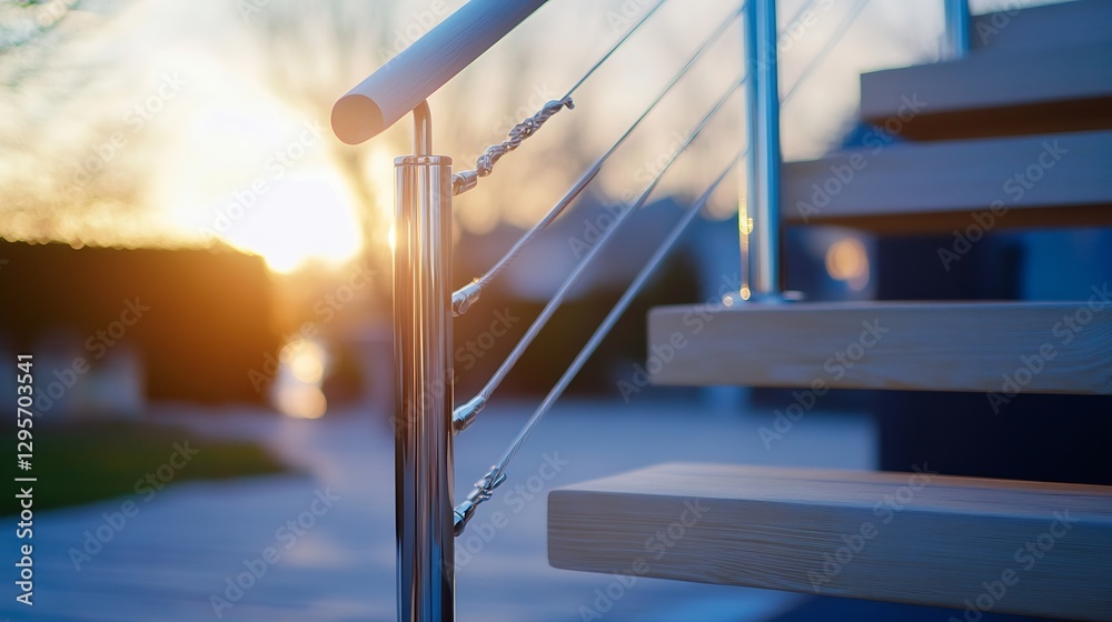 Poster modern staircase with sleek railing captured during a stunning sunset illuminating the surrounding a