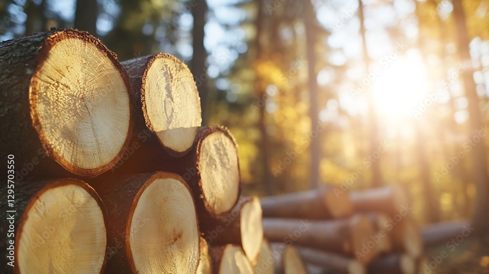 Poster Stack of cut wood logs with sun shining through the trees in a forest : Generative AI