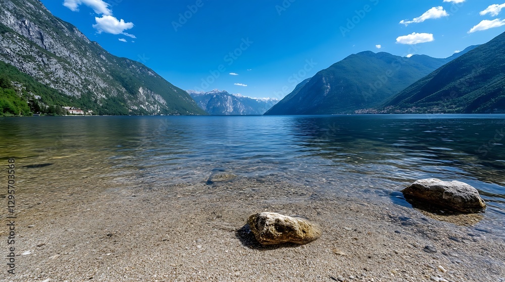 Poster scenic view of a tranquil lake surrounded by mountains under a clear blue sky with white fluffy clou