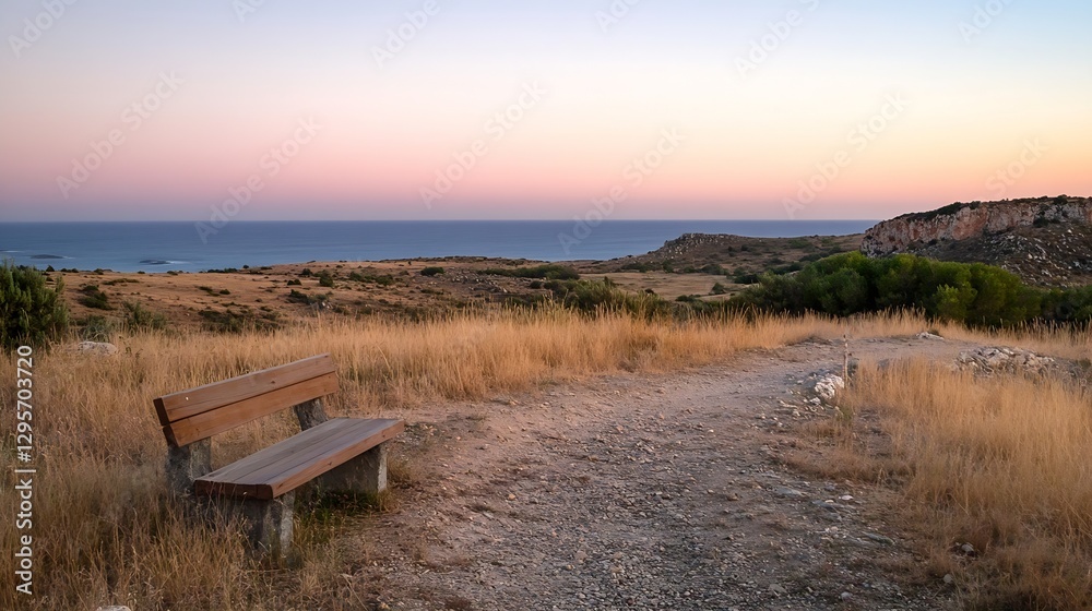 Poster serene sunset view of bench overlooking tranquil ocean and rolling hills : generative ai