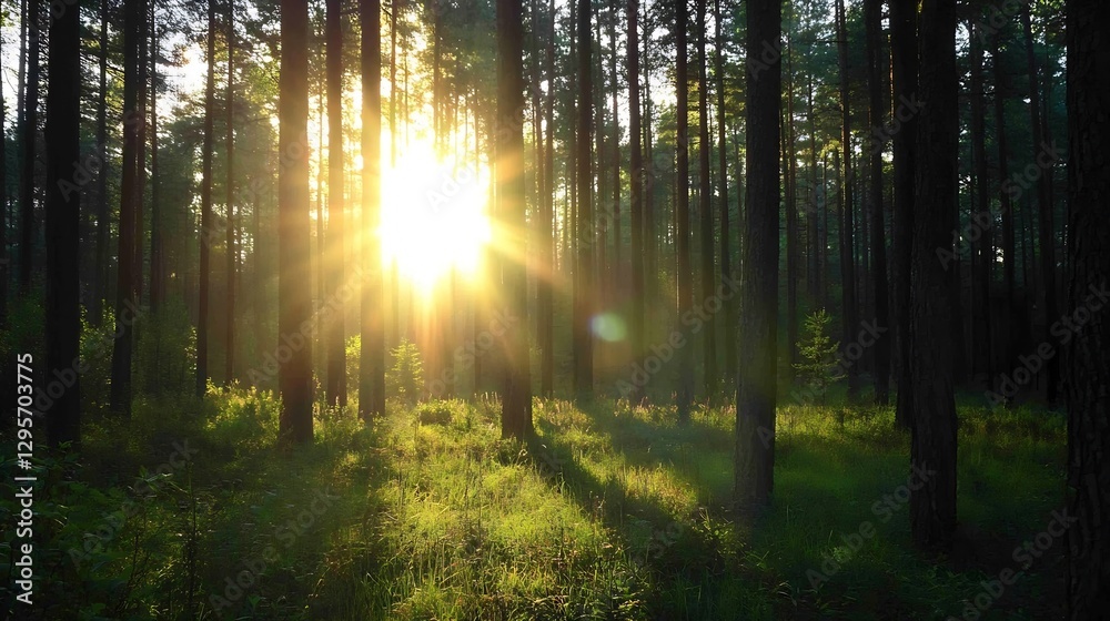 Poster golden sunbeams shining through tall trees creating a magical atmosphere in a lush green forest : ge