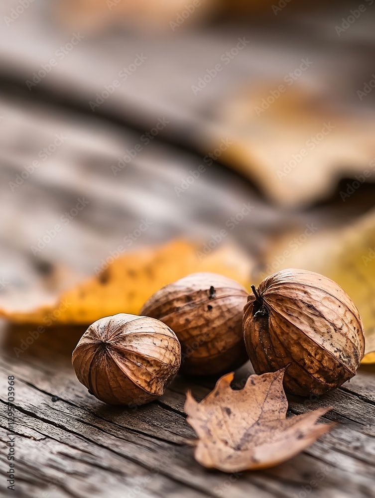 Poster natural walnut shells surrounded by autumn leaves on rustic wooden surface : generative ai