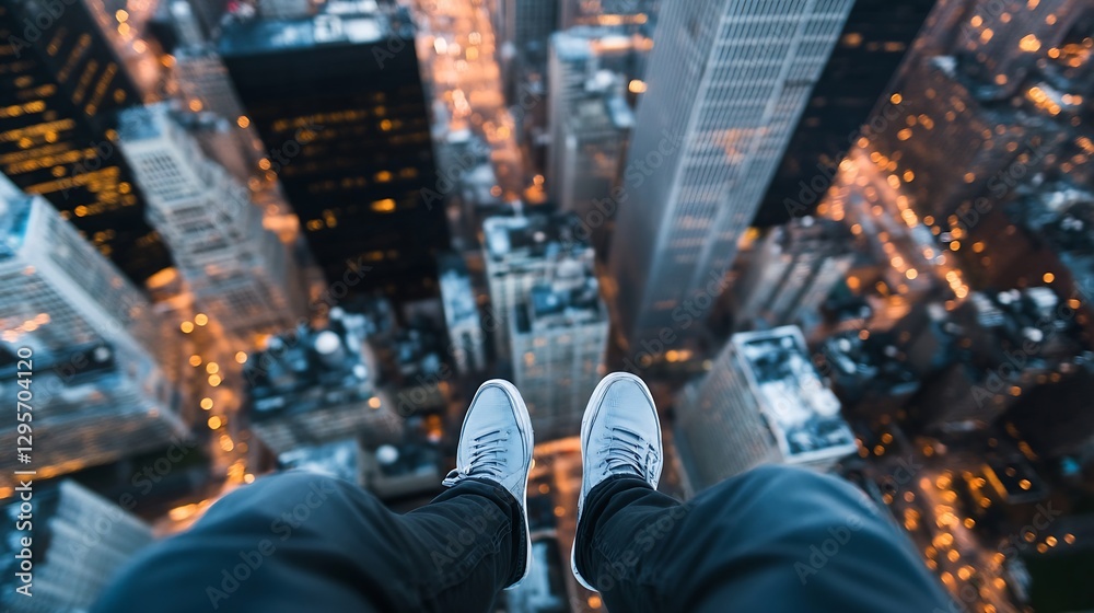 Poster person sitting on edge of a tall building overlooking cityscape at dusk : generative ai