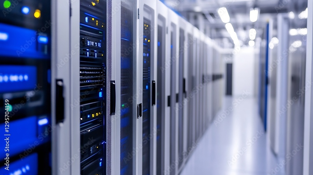 Poster Rows of Servers in Modern Data Center with Blue Lighting and Technology Infrastructure : Generative AI