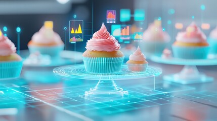 An imaginative representation of cupcakes with digital data visuals, showcasing modern bakery trends and technology in dessert presentation.