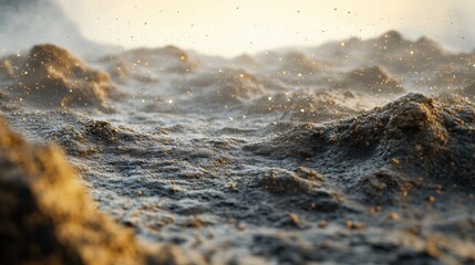 3d rendering of abstract digital landscape with flowing particles and depth of field