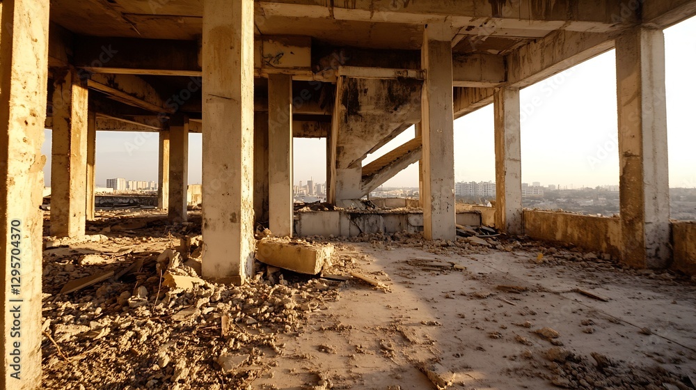 Poster Desolate and stark interior of a crumbling building showcasing weathered columns and debris : Generative AI