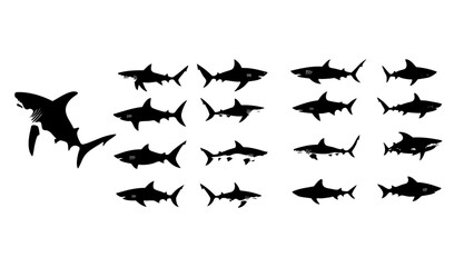 Black silhouette vector icons of sharks. Each shark is uniquely designed with different forms and angles.