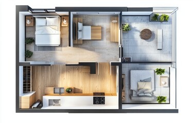 Modern apartment floor plan with open kitchen and balcony