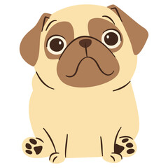 Flat vector illustration in a simple children's style. Cute pug dog with big sad eyes sitting on white background. Vector illustration